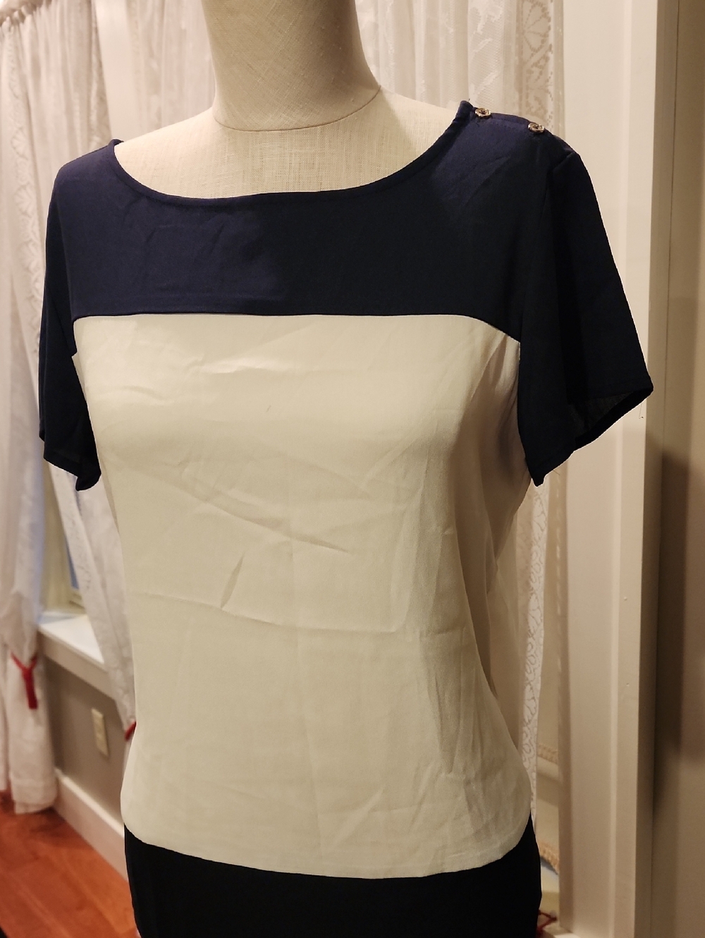 Ann Taylor Navy and White Short Sleeve Colorblock Top